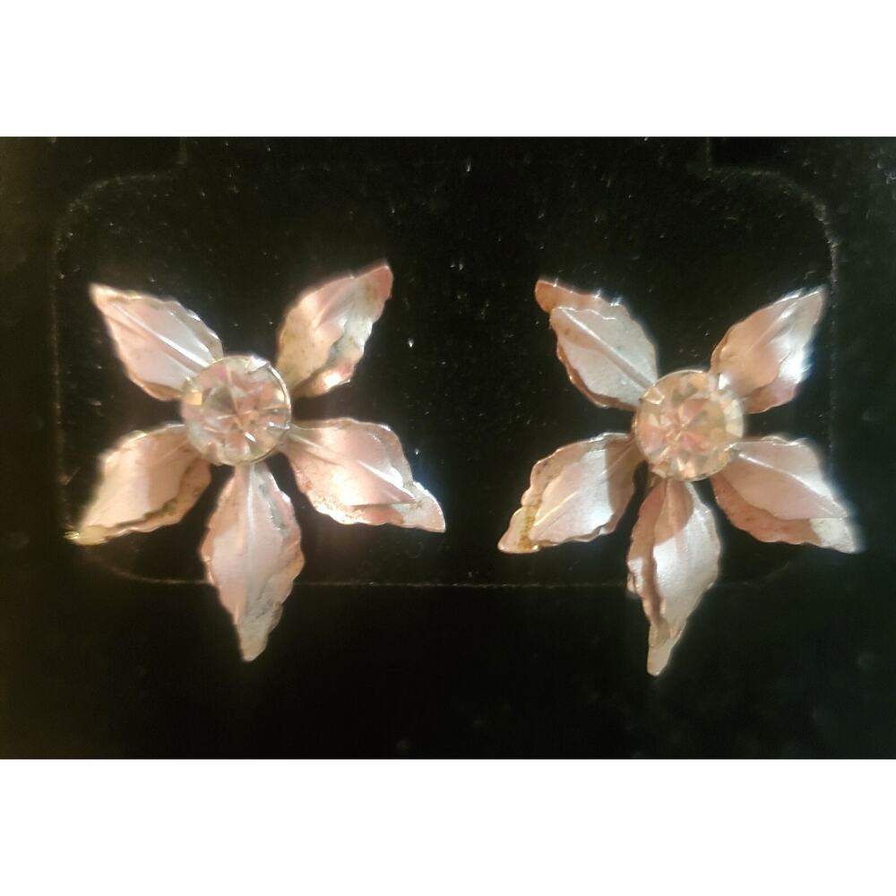 Bugbee & Niles B.N. Vintage Earrings Floral Silver Tone Rhinestone Screw Back